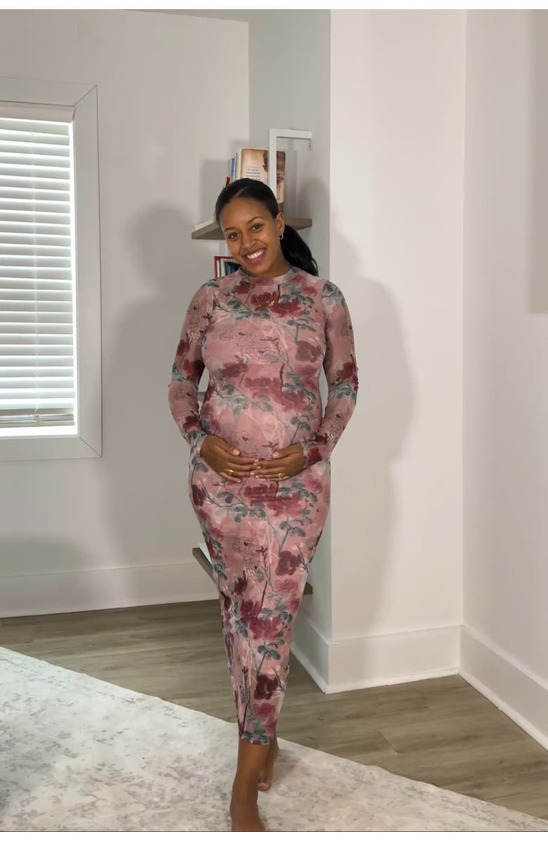 PinkBlush Floral Printed Mesh Overlay Maxi Dress, Alternate, color, Mauve