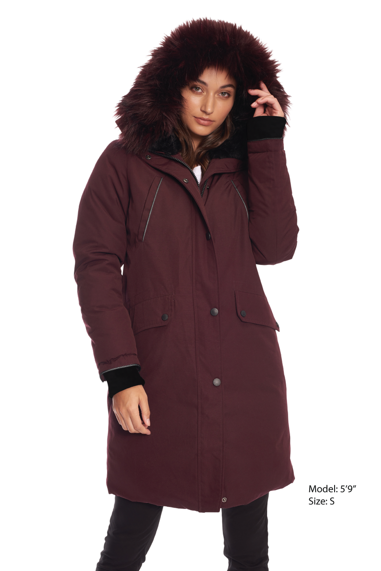 Laurentian - Vegan Down Long Winter Parka with Faux Fur Hood, Alternate, color, GRAPE