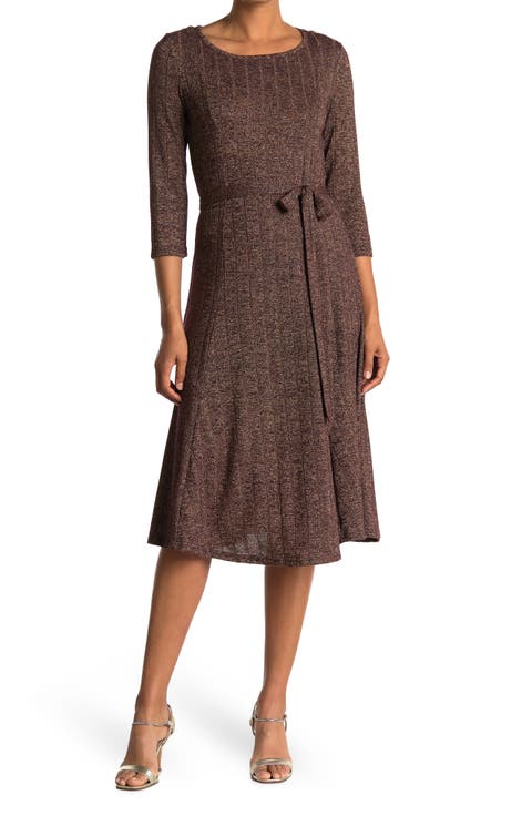 Three-Quarter Sleeve A-Line Metallic Ribbed Midi Dress