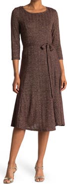 Nina Leonard Three-Quarter Sleeve A-Line Metallic Ribbed Midi Dress