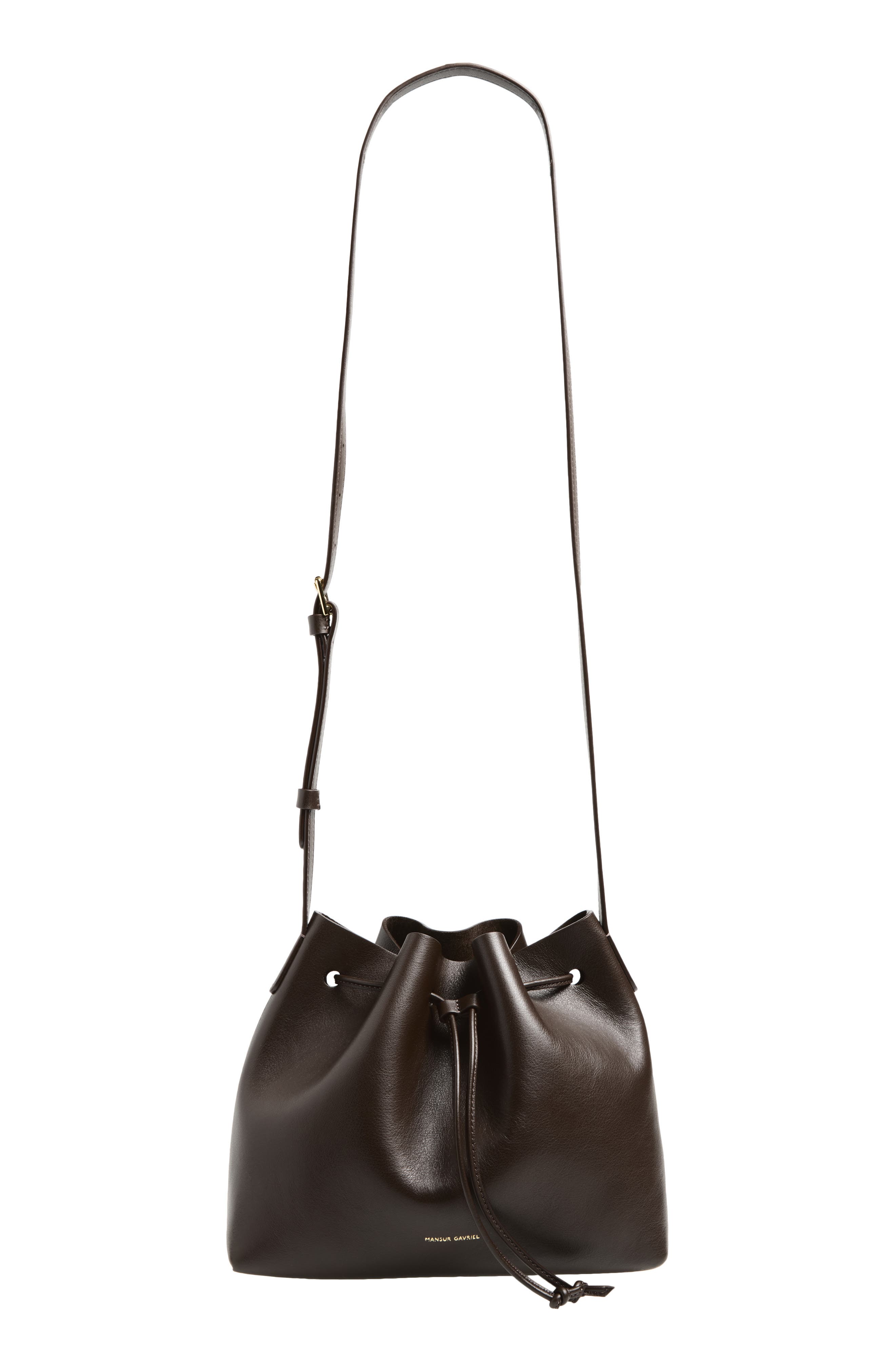 Mansur Gavriel Leather Drawstring Bucket Bag, Main, color, Ebony