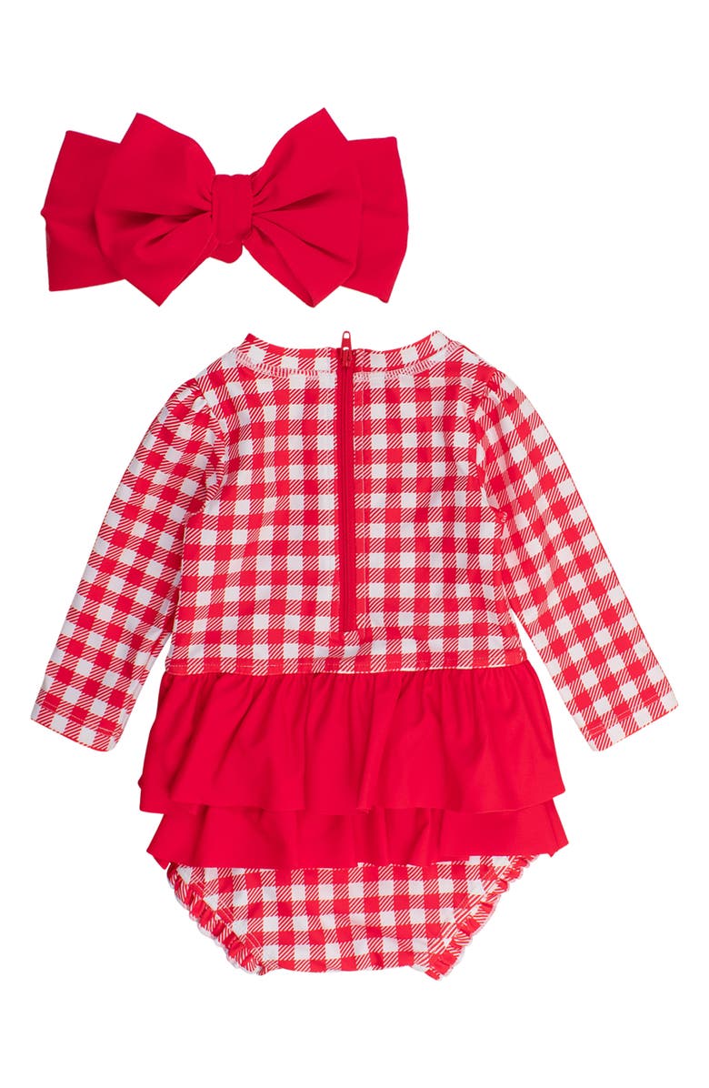 RuffleButts Gingham One-Piece Rashguard Swimsuit & Bow Head Wrap Set, Alternate, color, Red