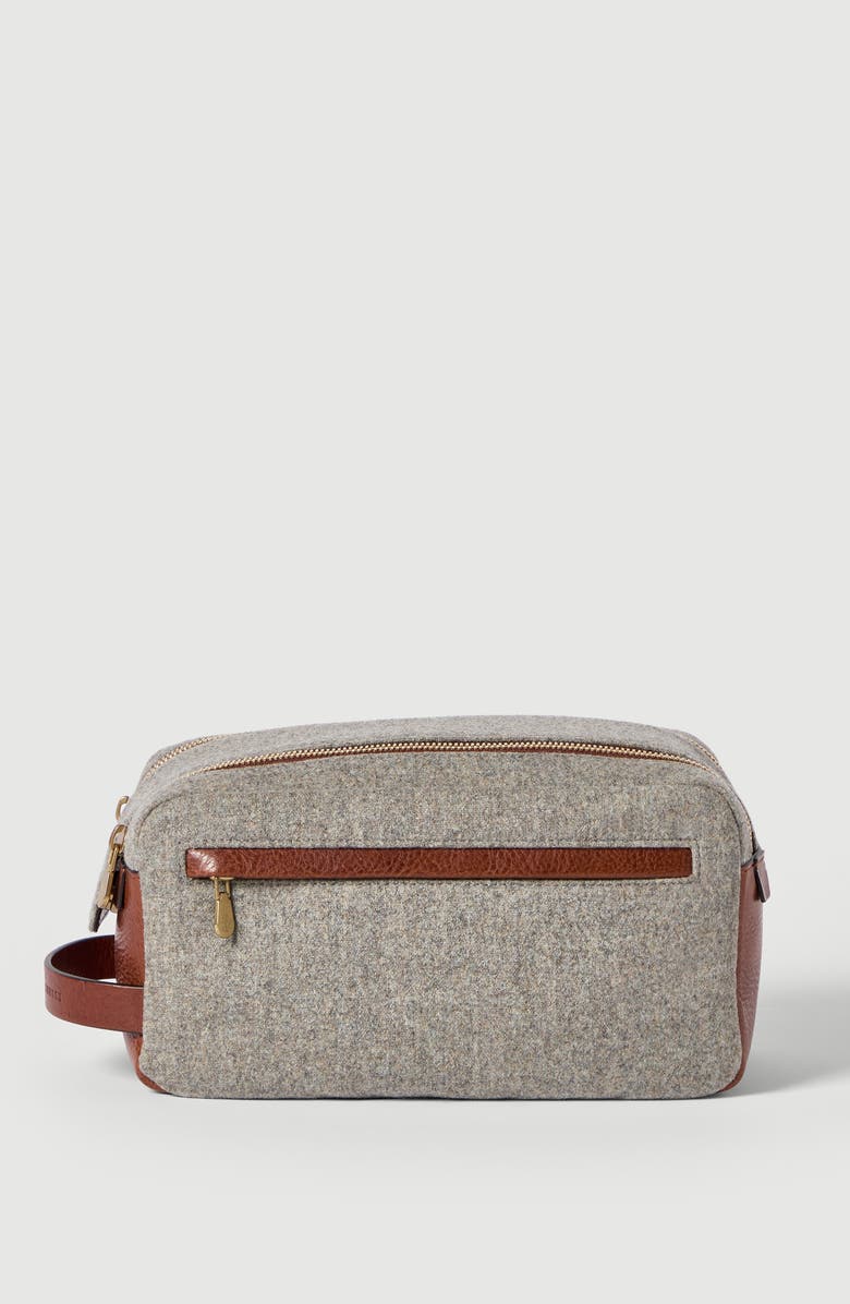 Brunello Cucinelli Virgin wool, alpaca and cashmere flannel beauty case with grained calfskin inserts and double zipper, Main, color, Leather