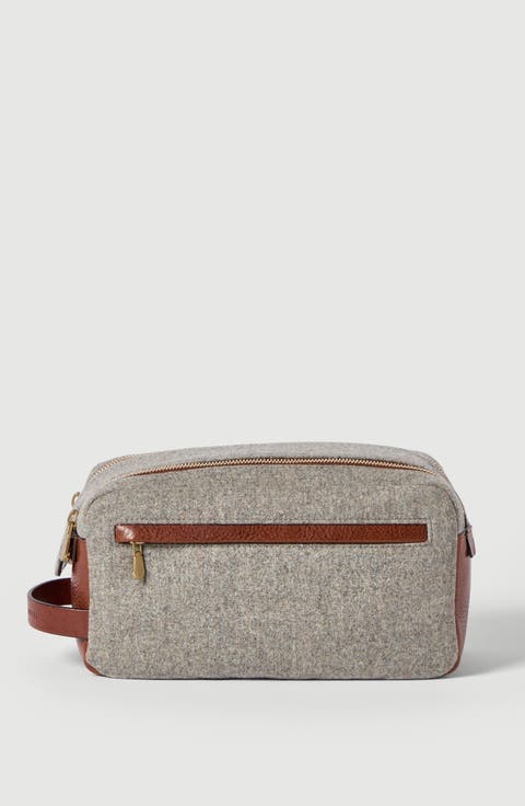 Virgin wool, alpaca and cashmere flannel beauty case with grained calfskin inserts and double zipper