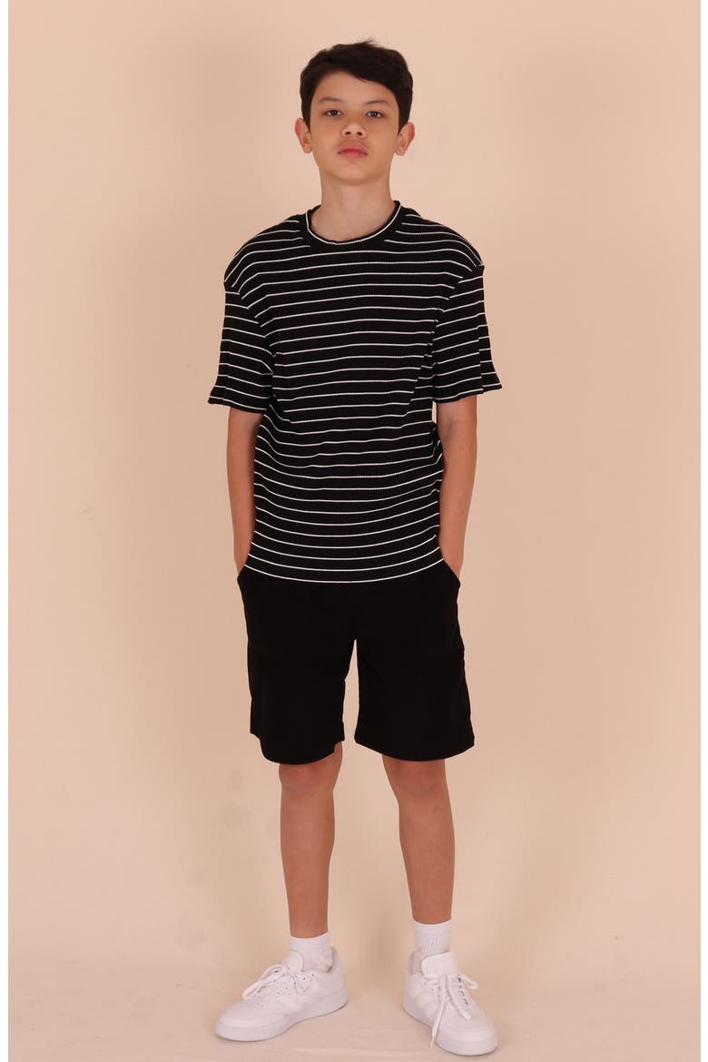 Kids' Stripe Rib Stretch Cotton T-Shirt, Alternate, color, BLACK
