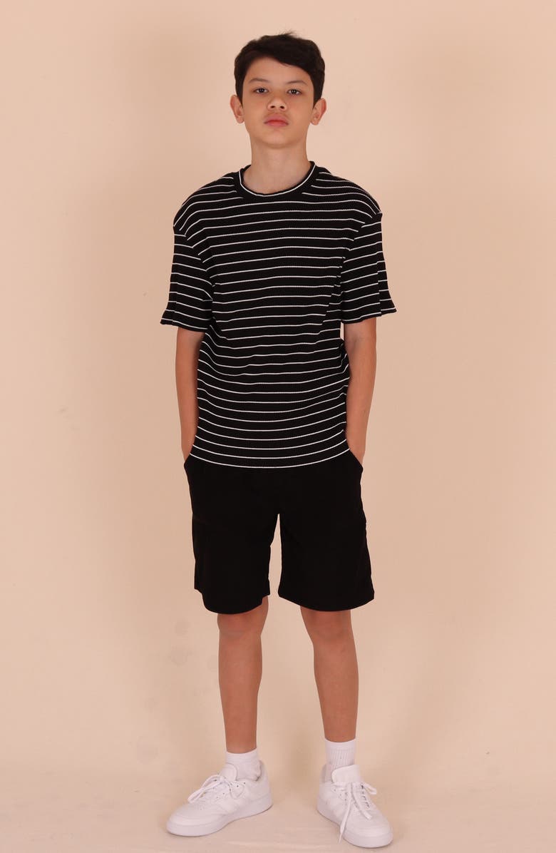 TINY TRIBE Kids' Stripe Rib Stretch Cotton T-Shirt, Alternate, color, Black