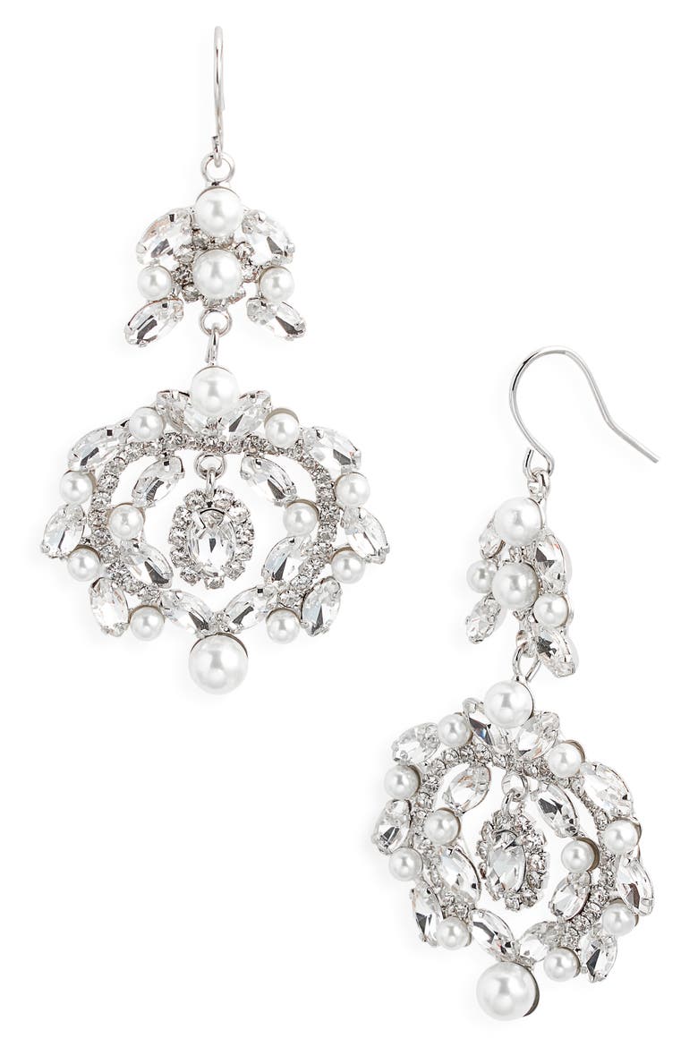 Crystal & Faux Pearl Drop Earrings, Main, color, SILVER/ WHITE