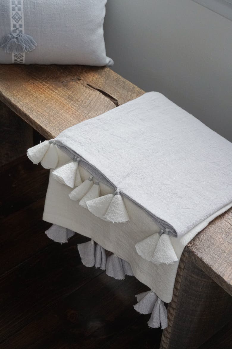 Light Grey Colorblocked Linen Blanket with Tassels, Alternate, color, Grey