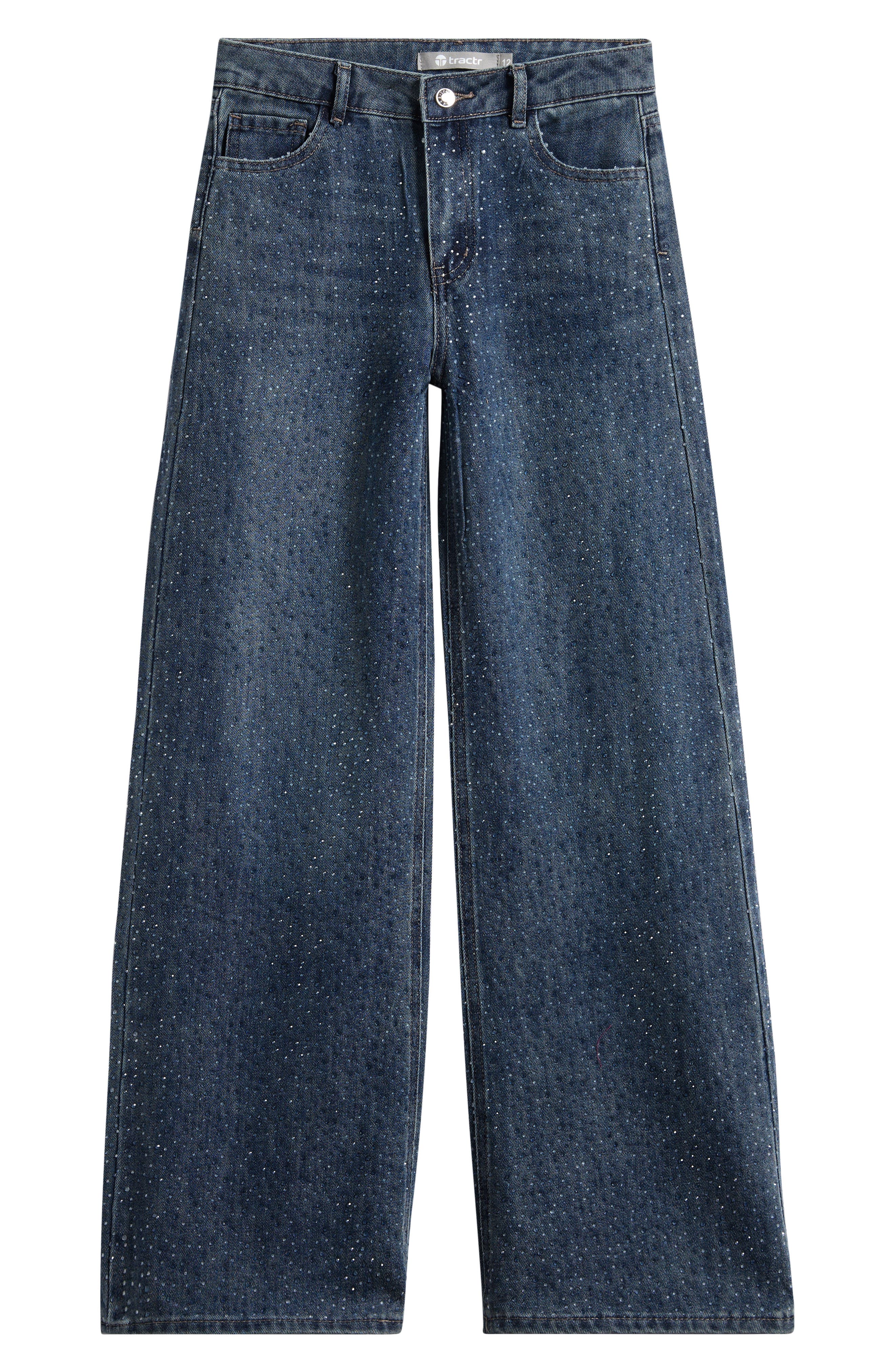 Tractr Kids' Raindrop Wide Leg Jeans in Mid Indigo 
