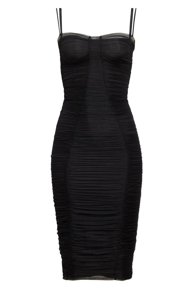 Sheer Ruched Mesh Midi Dress, Alternate, color, N0000 NERO
