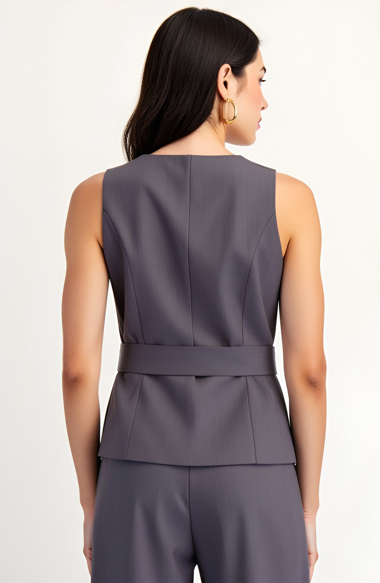 Modenaire Sleeveless Tailored Top with Covered Buttons and Statement Belt, Alternate, color, 