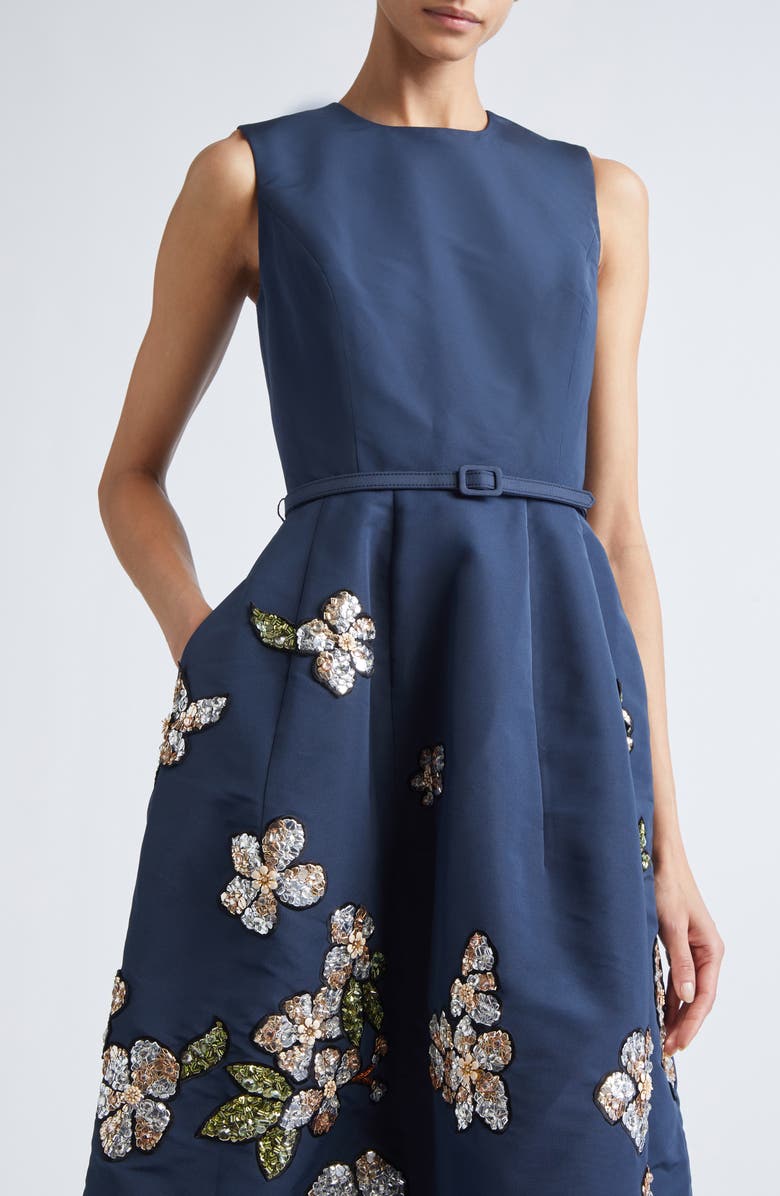 Oscar de la Renta Sequin Floral Embroidered Belted Cocktail Dress, Alternate, color, Navy