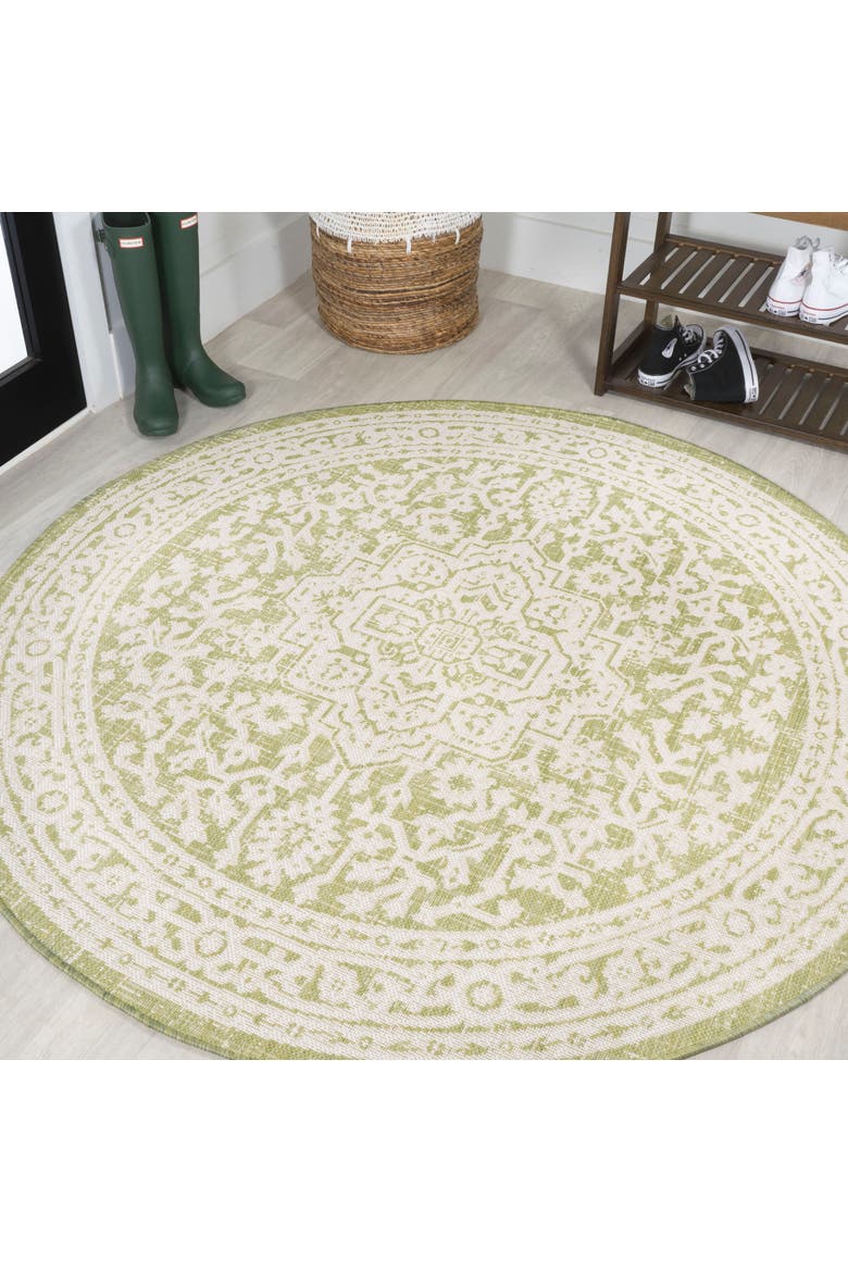 Sinjuri Medallion Textured Weave Indoor/Outdoor Round Area Rug, Main, color, Green/Cream