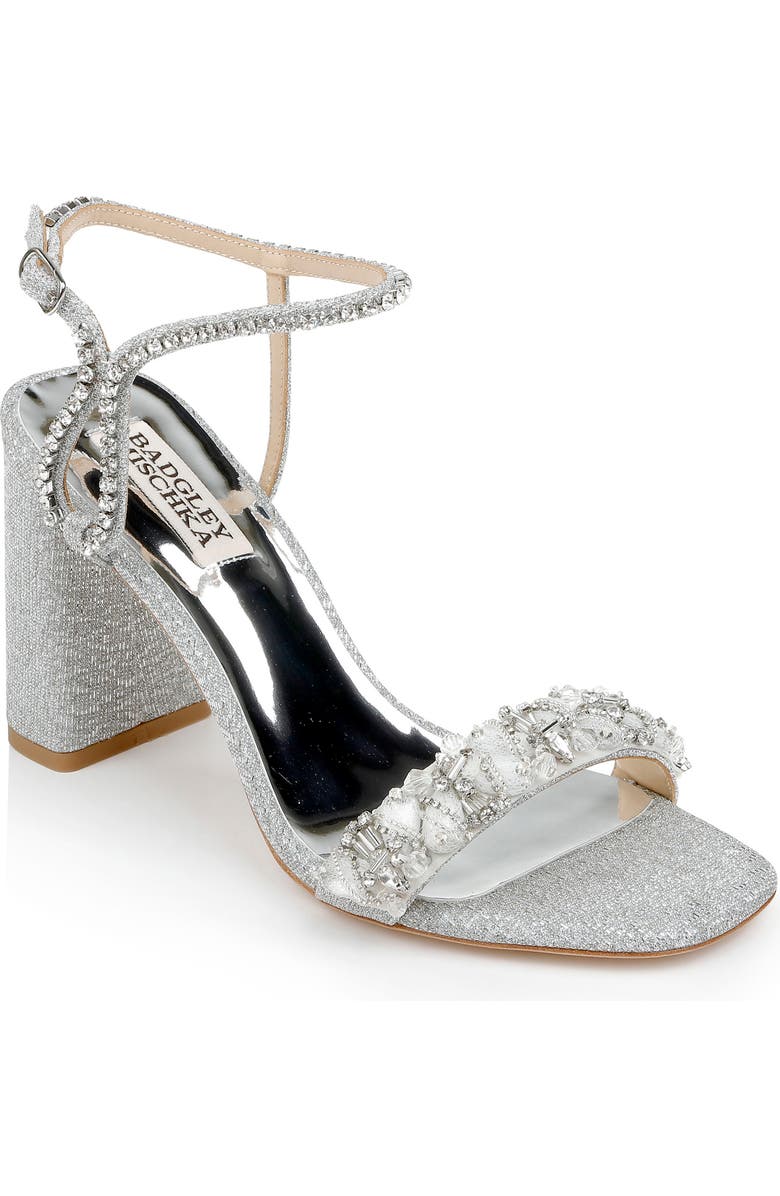 BADGLEY MISCHKA Tanisha Crystal Ankle Strap Sandal, Main, color, Silv Textl