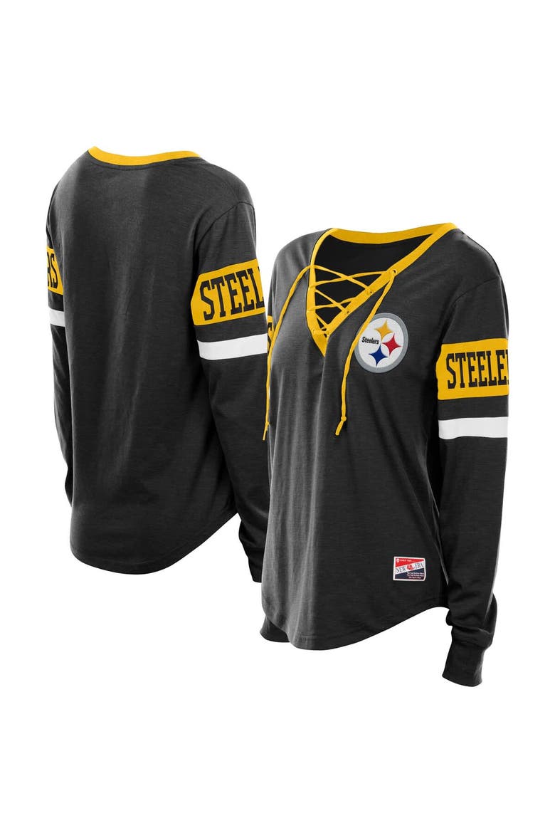 Women's New Era Black Pittsburgh Steelers Plus Size Throwback Lace-Up Long Sleeve T-Shirt, Main, color, Black