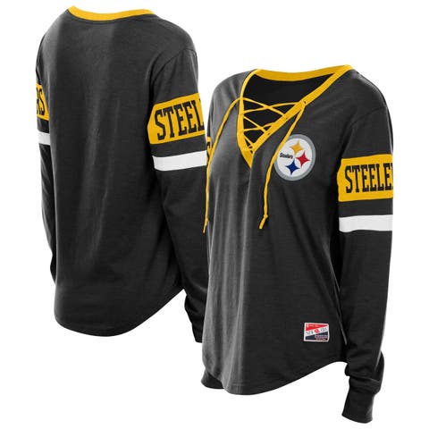 Women
s New Era Black Pittsburgh Steelers Plus Size Throwback Lace-Up Long Sleeve T-Shirt