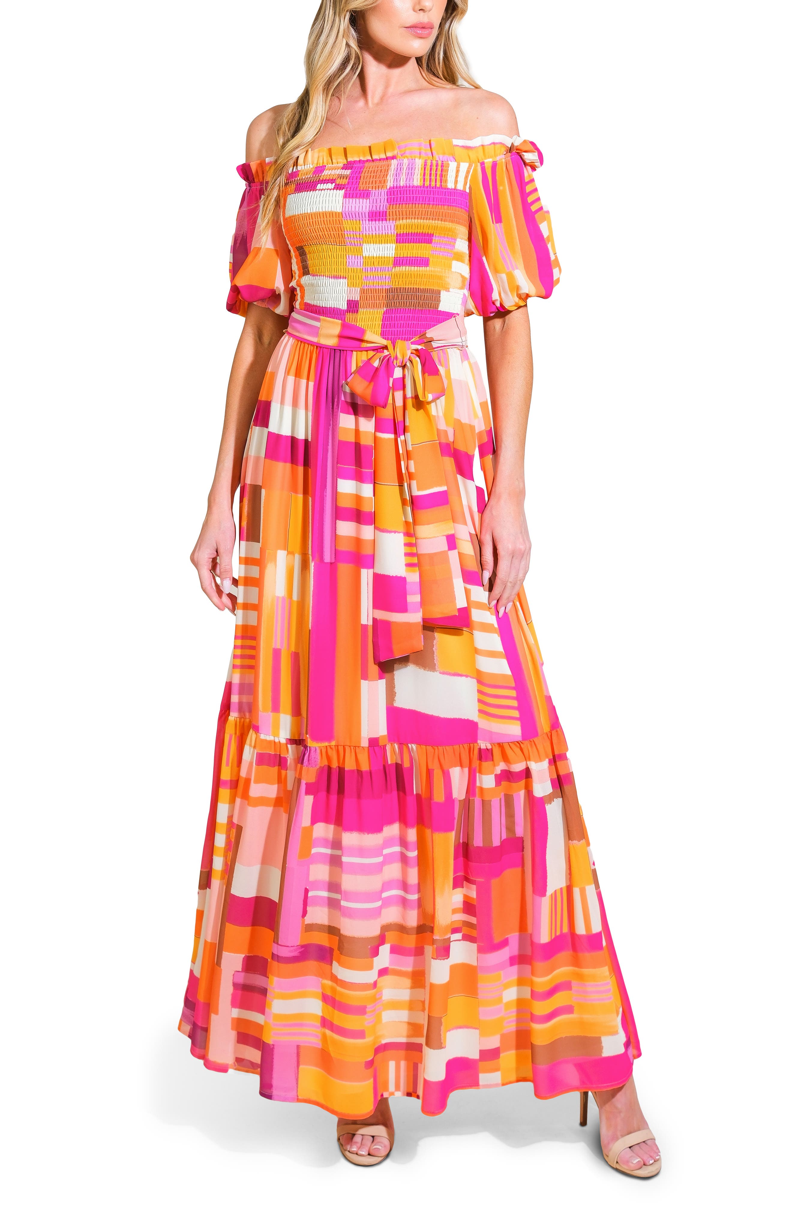 FLYING TOMATO Off the Shoulder Puff Sleeve Maxi Dress