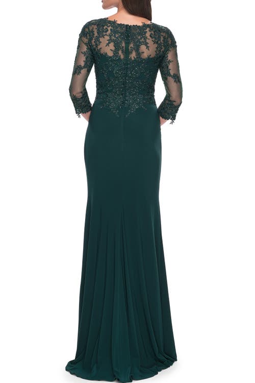 La Femme Lace And Net Jersey Gown With Illusion Sleeves In Hunter Green