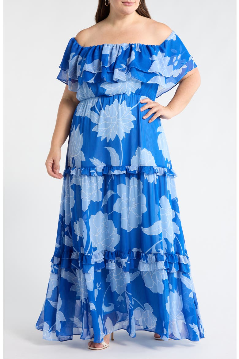 Seabloom Floral Gauri Off the Shoulder Maxi Dress, Main, color, COBALT-BLUE