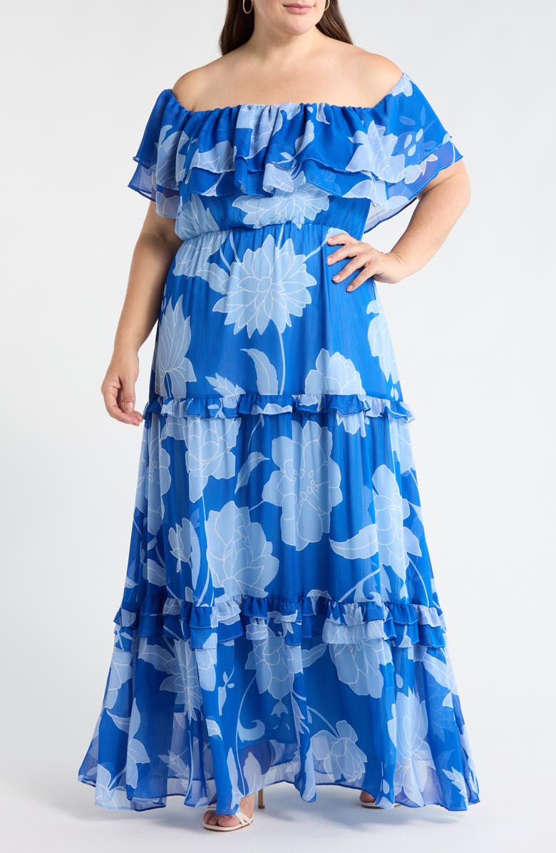 SUGARLIPS Seabloom Floral Gauri Off the Shoulder Maxi Dress, Main, color, Cobalt-Blue
