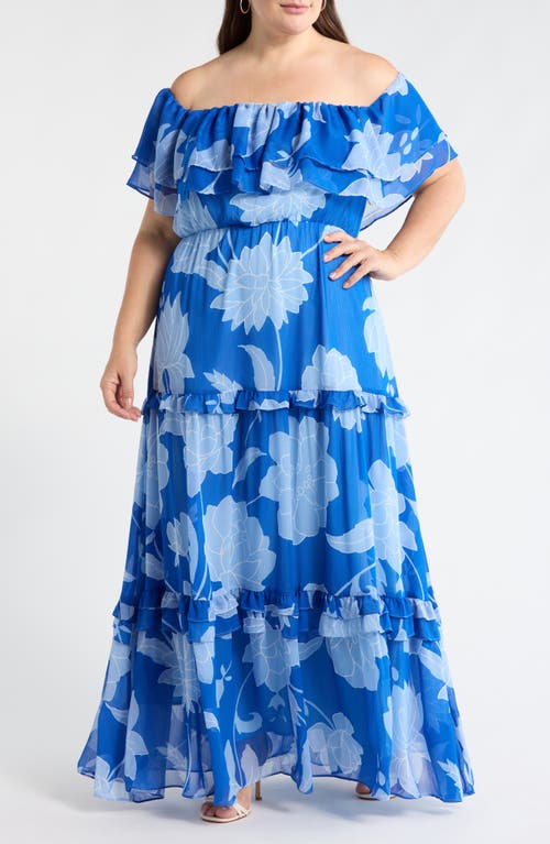 Sugarlips Seabloom Floral Gauri Off The Shoulder Maxi Dress In Blue