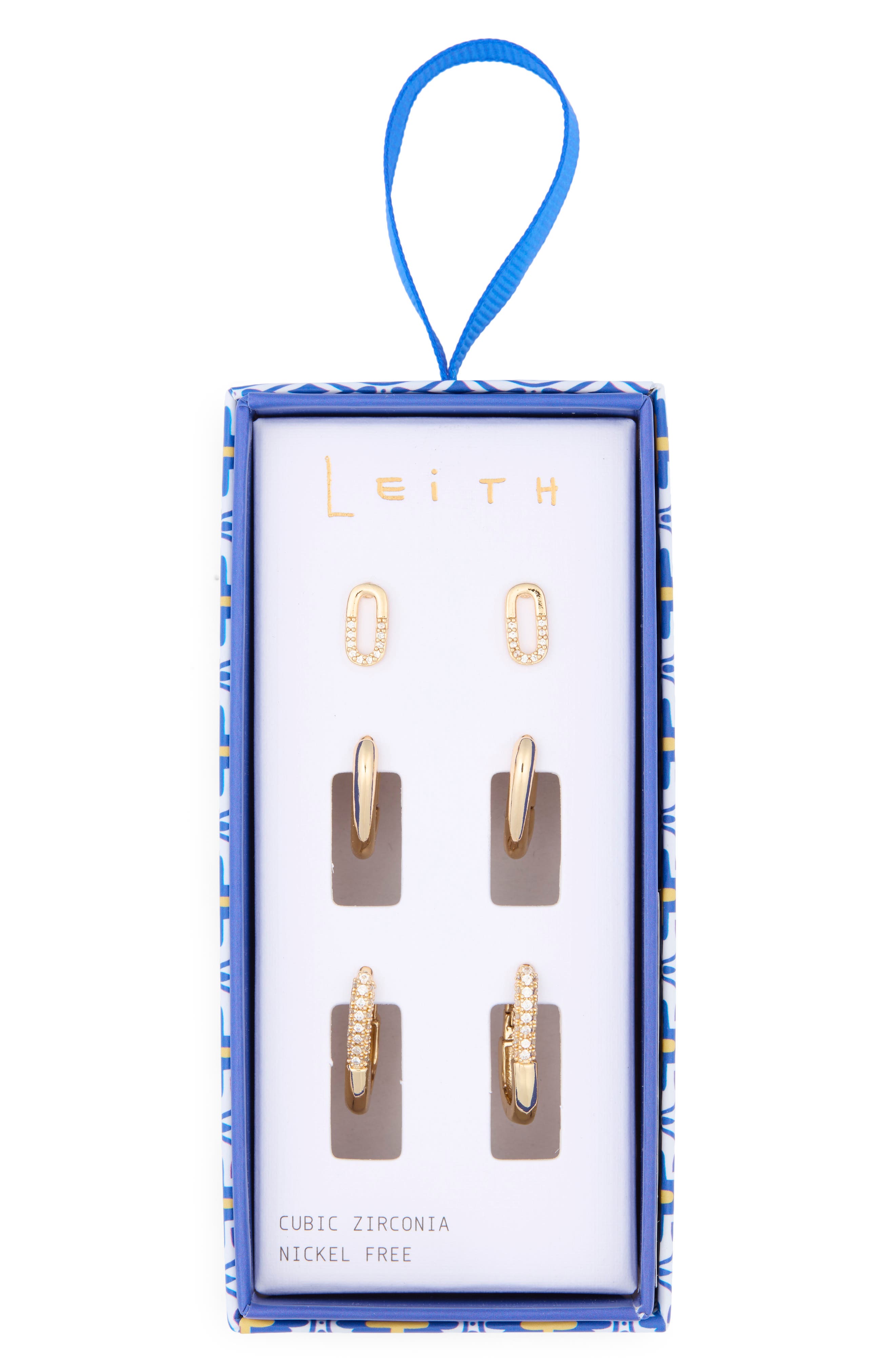 Leith Set of 3 Cubic Zirconia Oval Stud & Huggie Hoop Earrings