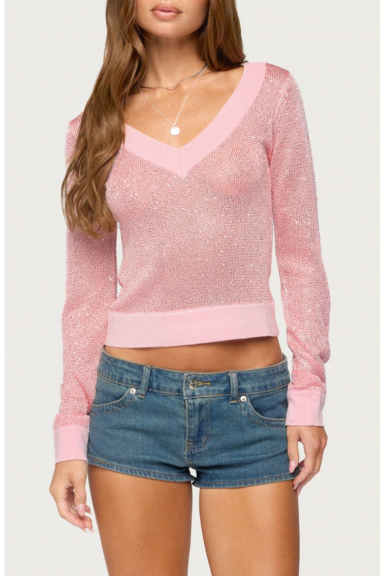 Acey Sequined V-Neck Sweater, Main, color, PINK