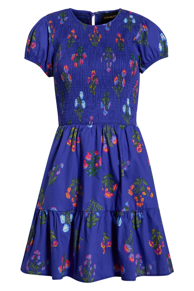 Clemen Ansel Floral Smocked Bodice Tiered Cotton Dress, Alternate, color, NAVY