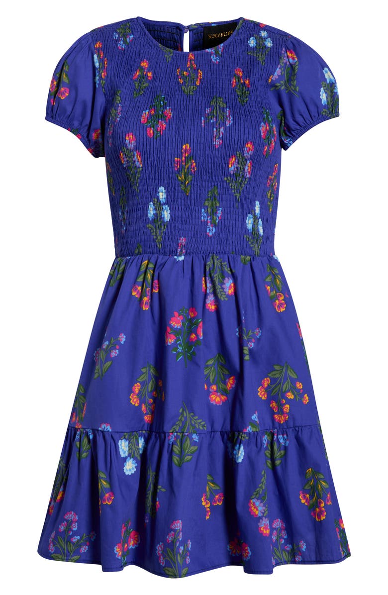 SUGARLIPS Clemen Ansel Floral Smocked Bodice Tiered Cotton Dress, Main, color, Navy