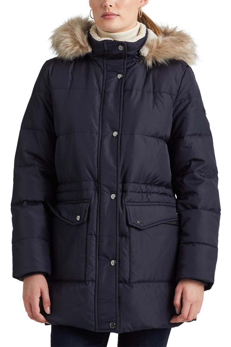 Faux Fur Trim Down & Feather Puffer Coat, Main, color, DARK NAVY