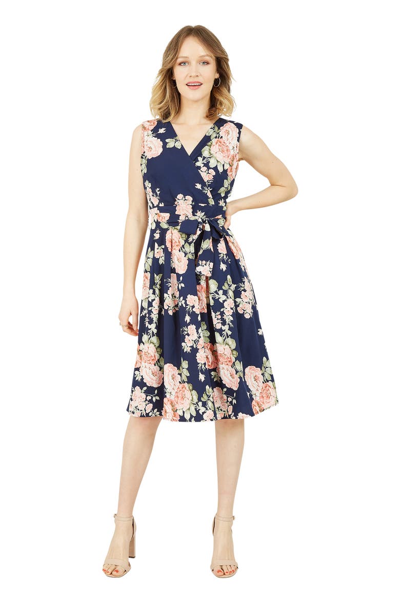 Floral Rose Wrap Over Sleeveless Dress, Main, color, Navy