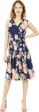 Yumi Floral Rose Wrap Over Sleeveless Dress