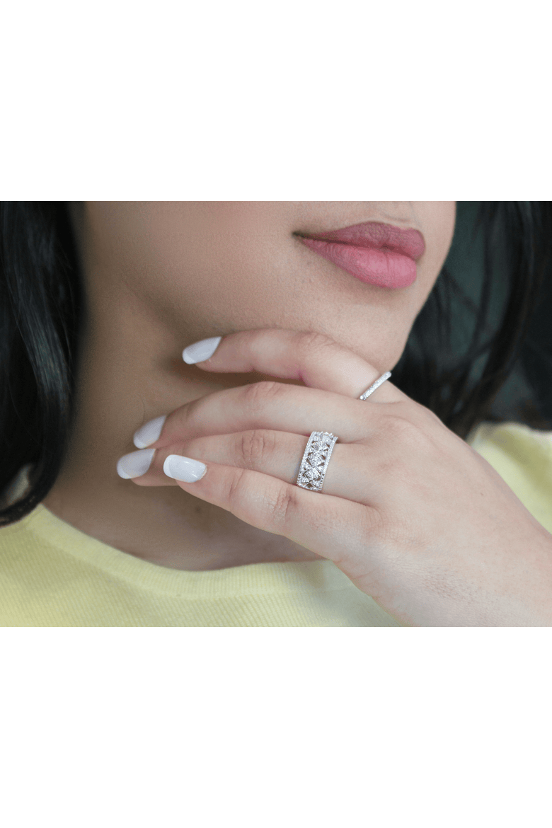 Xeno 14K Gold Round Diamond Studded Textured Band Ring - 0.24cts, Alternate, color, 14K White Gold