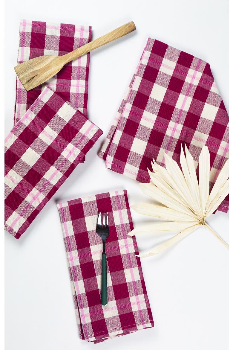 Abigail Cranberry Handwoven Cotton Plaid Napkins, Set of 4, Main, color, Burgundy