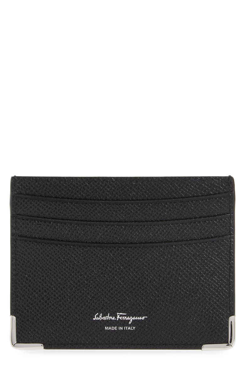 Salvatore Ferragamo Leather Card Case, Main, color, NERO / NERO