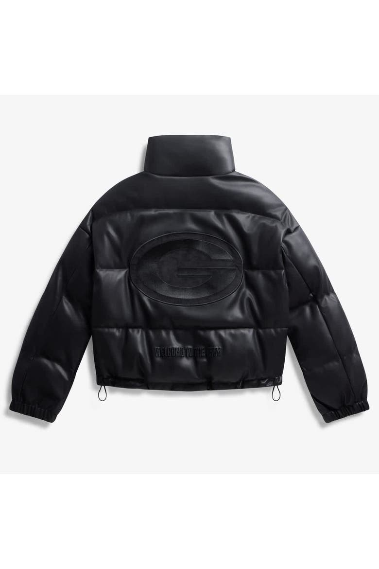Women's  Black Green Bay Packers Faux Leather Puffer Jacket, Alternate, color, Black
