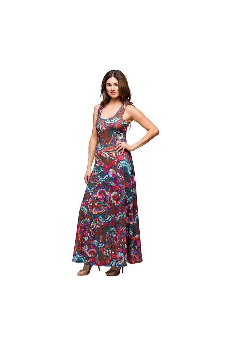 24seven Comfort Apparel Maternity Pink and Brown Print Scoop Neck A-Line Sleeveless Maxi Dress, Alternate, color, Brown Multi
