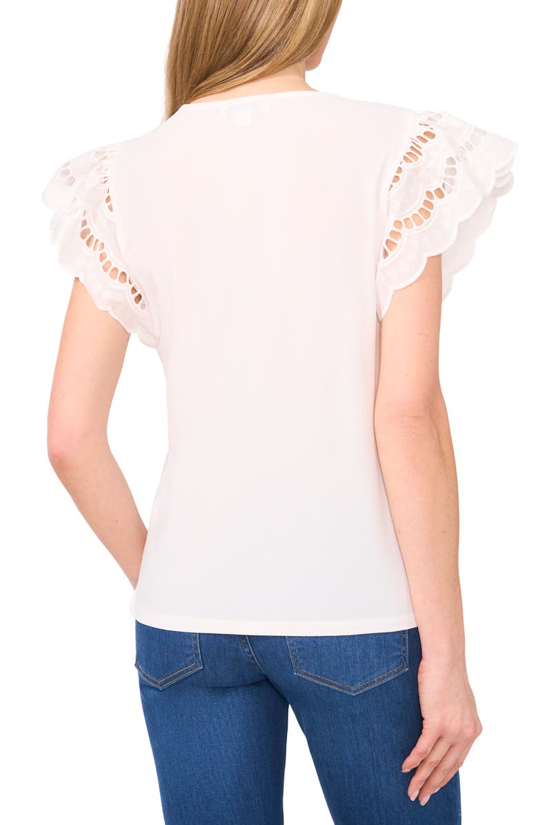 CeCe Embroidered Flutter Sleeve Mixed Media Top, Alternate, color, New Ivory