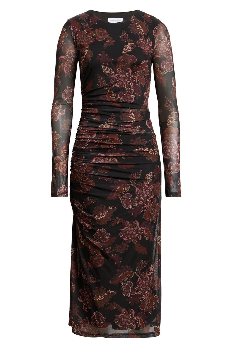 Whispers of Bohemia Floral Long Sleeve Mesh Midi Dress, Alternate, color, BLACK-PLUM-FLORAL