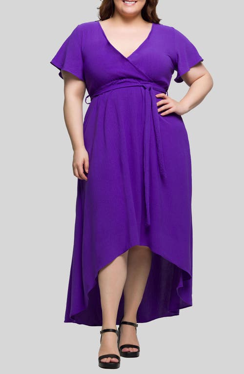 24seven Comfort Apparel Plus Size V-neck Belted Faux Wrap High Low Dress In Purple