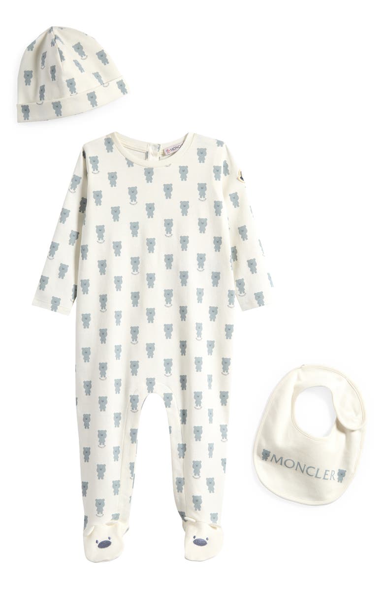 Moncler Teddy Bear Footie, Hat and Bib Set, Main, color, 