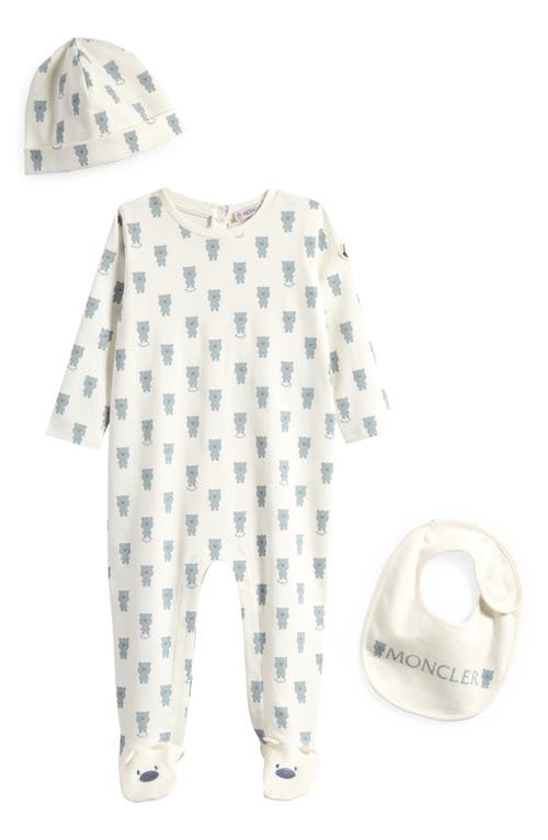 Moncler Teddy Bear Footie, Hat And Bib Set In Dark Blue/cream