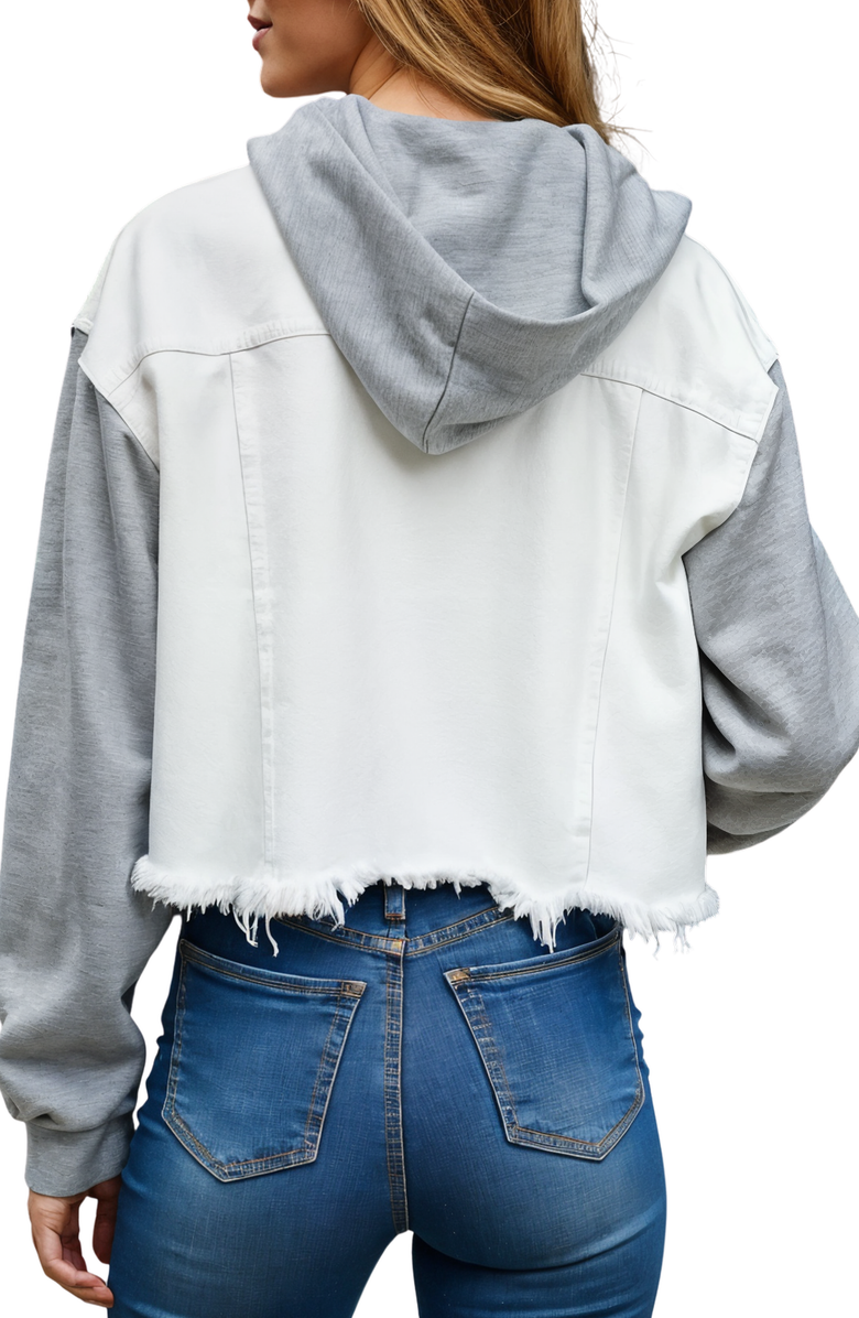 Knit and Lounge Raw Edge Cropped Hooded Denim Jacket with Contrast Sleeves, Alternate, color, 