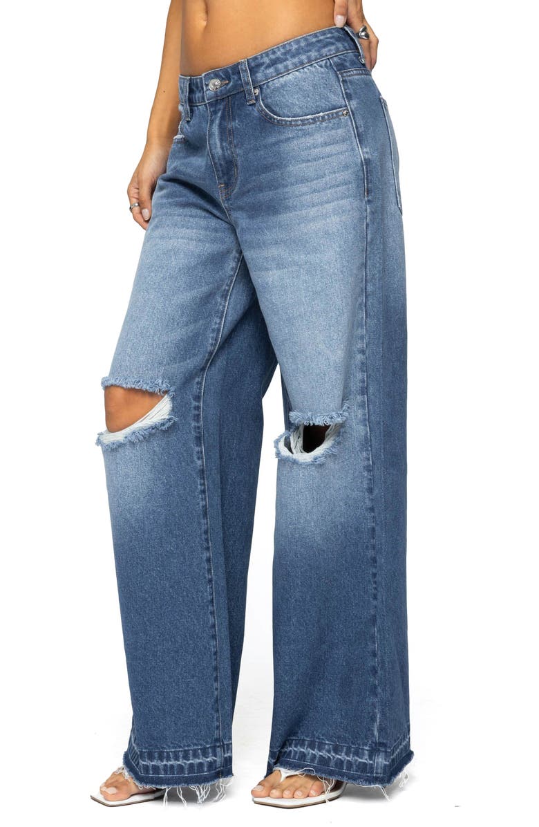 EDIKTED Xenia Ripped Low Rise Wide Leg Jeans, Alternate, color, Blue