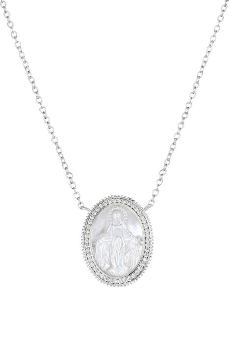 Mother-of-Pearl Mary Pavé Cubic Zirconia Medallion Pendant Necklace