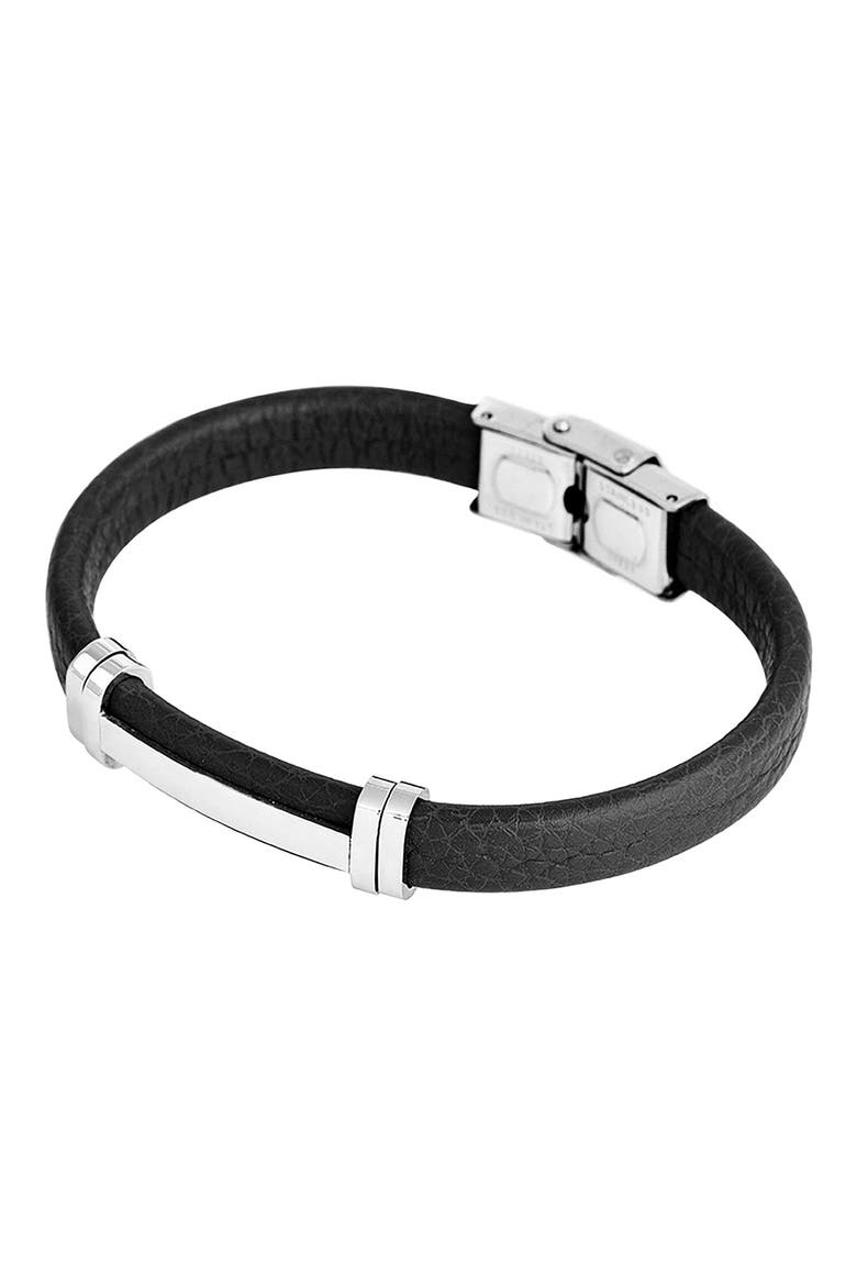 Men's Stainless Steel Cutout ID Leather Bracelet, Alternate, color, BLACK