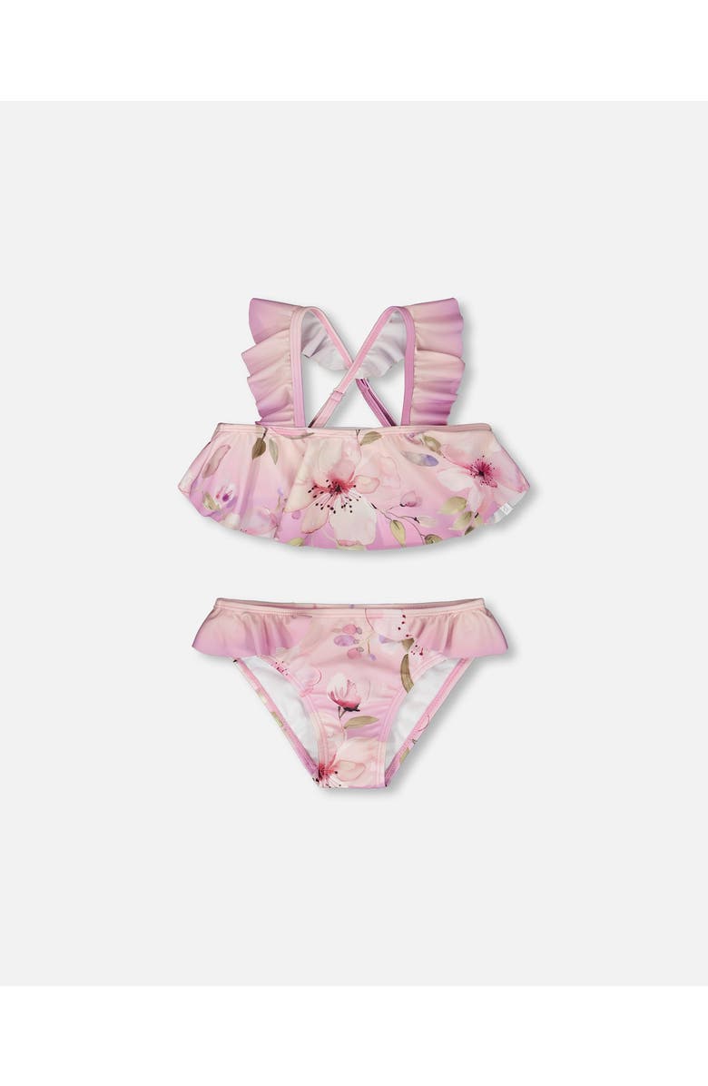 Deux par Deux Two-Piece Ruffle Flared Flower Swimsuit, Main, color, Purple Flower Print