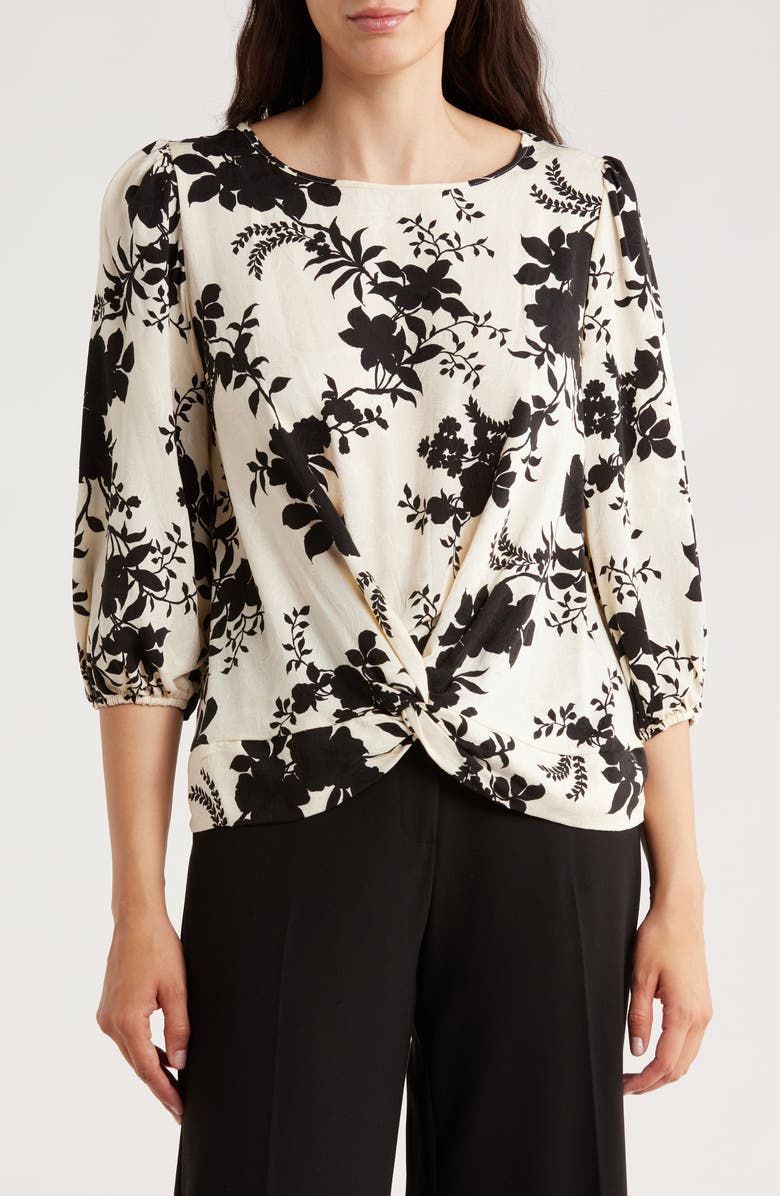 Renee C Floral Balloon Sleeve Twist Front Top, Main, color, Ivory