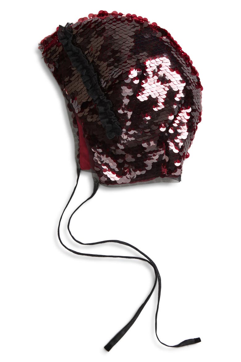 Frill Sequin Tulle Bonnet, Main, color, DEEP RED