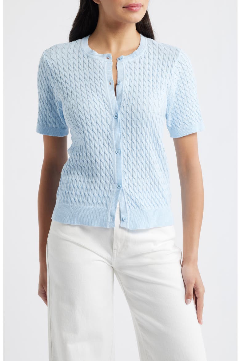 Cable Knit Cotton Button Front Cardigan, Main, color, SWIFT BLUE